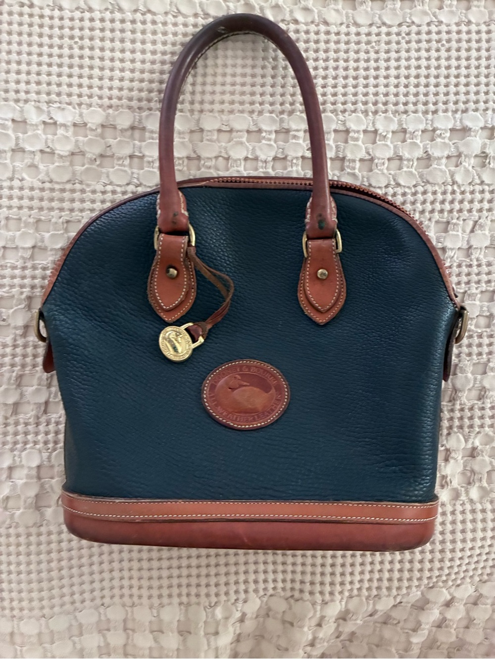 Vintage Dooney & Bourke Navy Leather Dome Satchel with Brown Trim